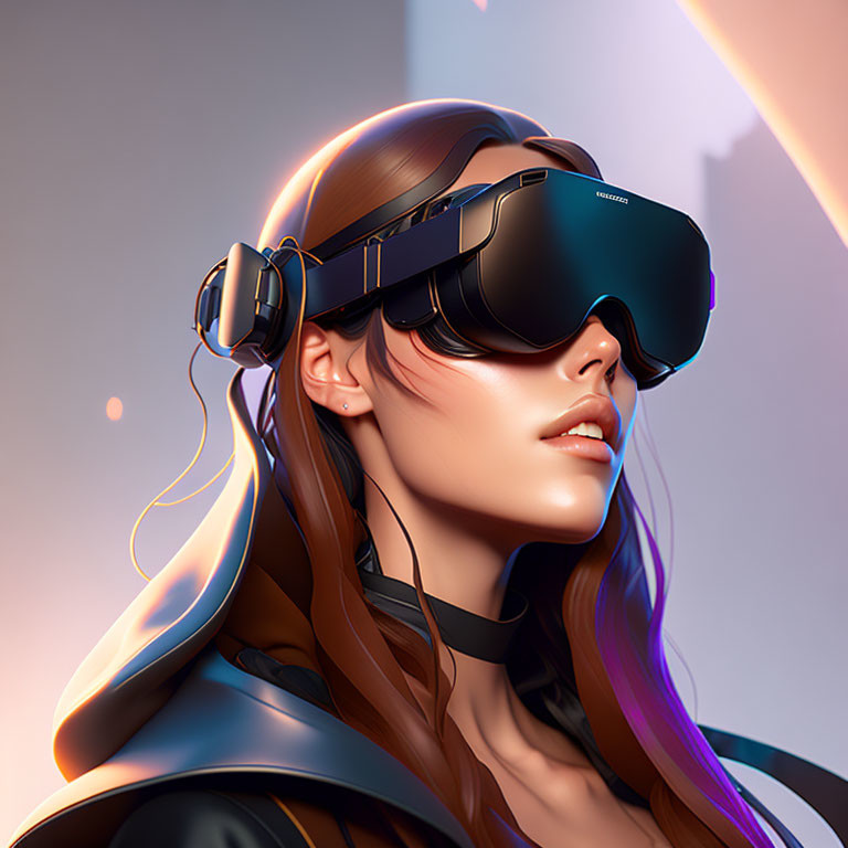 Futuristic digital artwork of woman in VR headset with cityscape background