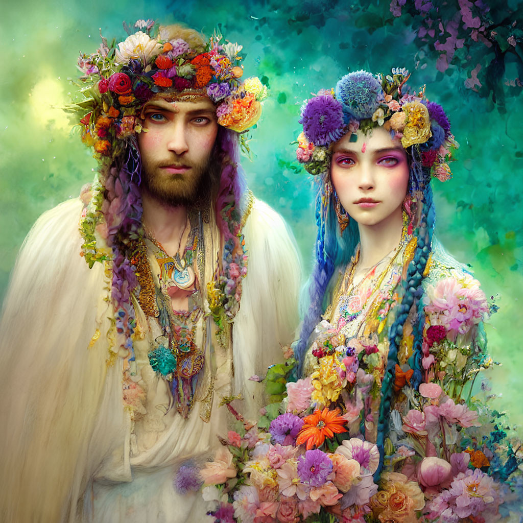 Man and woman in floral crowns and jewelry on green backdrop.