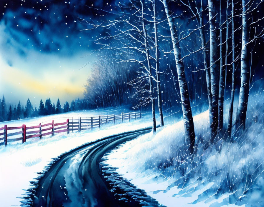 Snowy Dusk Landscape: Winding Road, Bare Trees, Wooden Fence