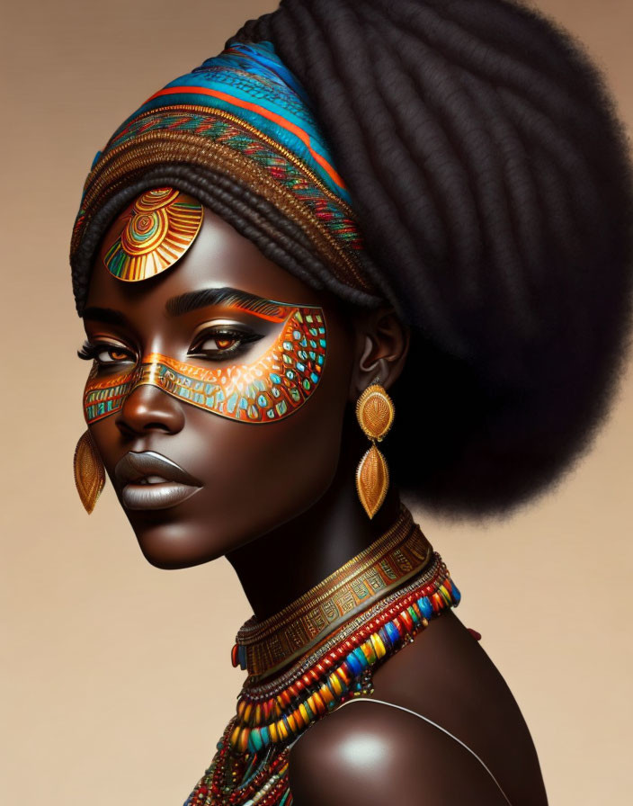 Portrait of a person in African-inspired attire with face paint