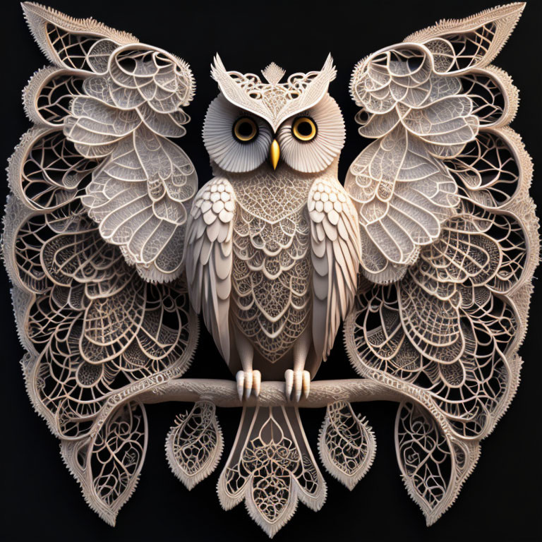 Detailed Owl Paper Art with Feathers on Branch