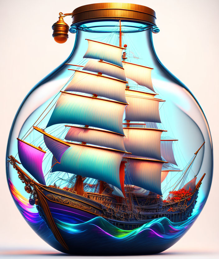 Vibrant ship in bottle with colorful sails and dynamic water