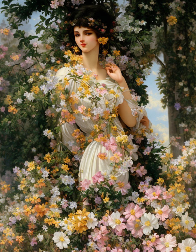 Woman with Floral Wreath Surrounded by Colorful Flowers