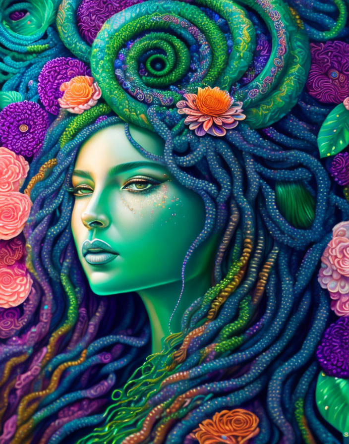 Colorful artwork of woman with green skin and intricate floral patterns.