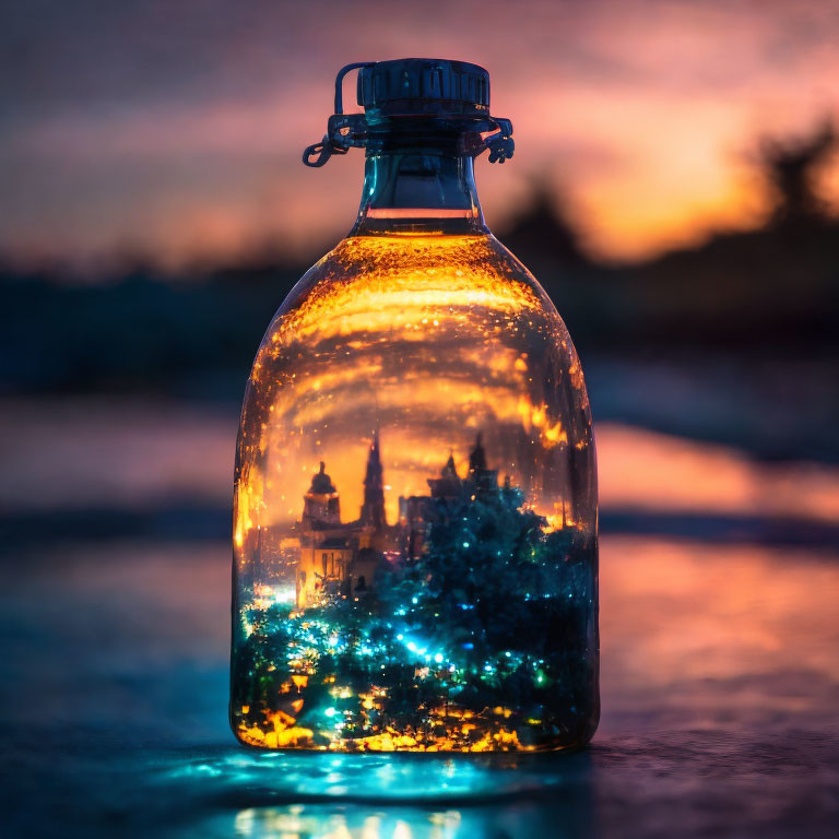 Glass bottle with twinkling lights in vivid sunset silhouette.