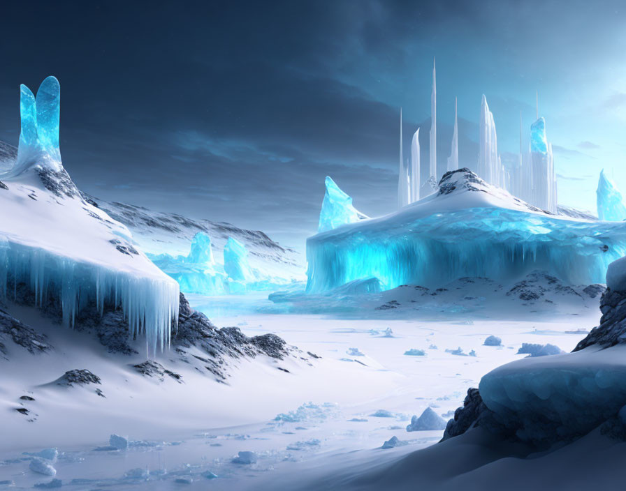 Icy Landscape with Towering Crystal Structures