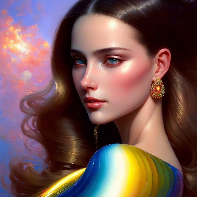 Digital portrait of woman with brown hair, blue eyes, and red lips on cloud-like backdrop