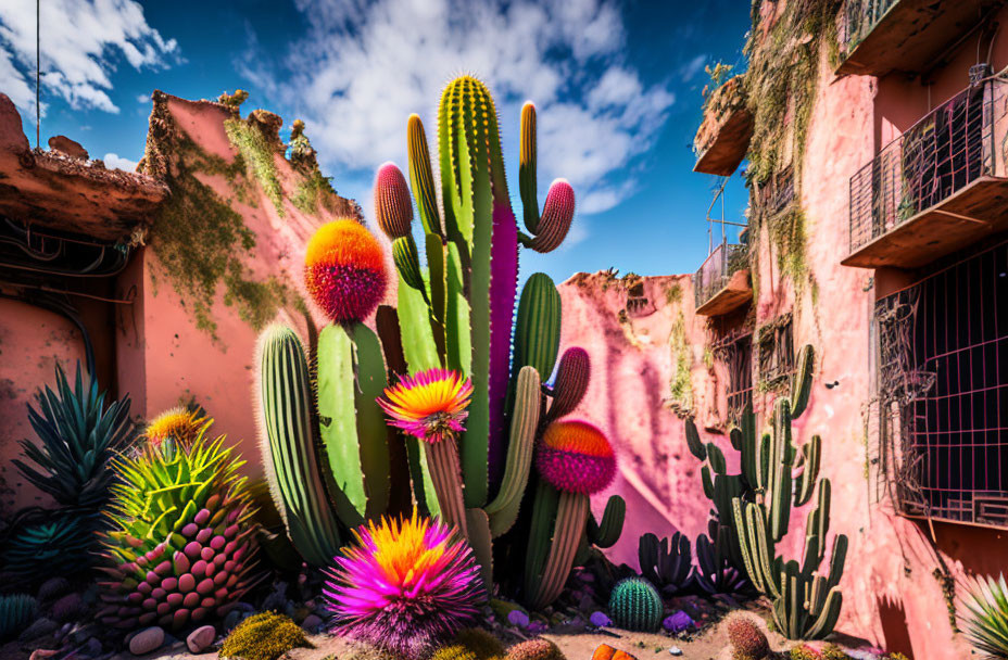 Colorful cacti with flowers in front of weathered pink building under blue sky