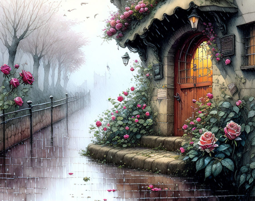 Stone cottage with glowing window and pink roses by misty cobblestone path.