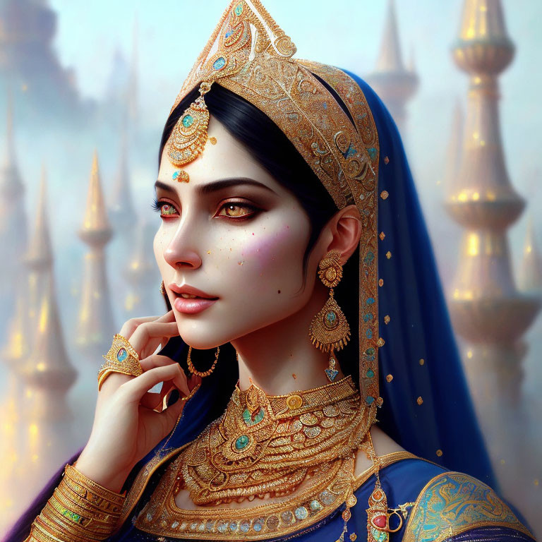 Elaborate Gold Jewelry and Blue Headscarf on Woman with Spire-Topped Structures