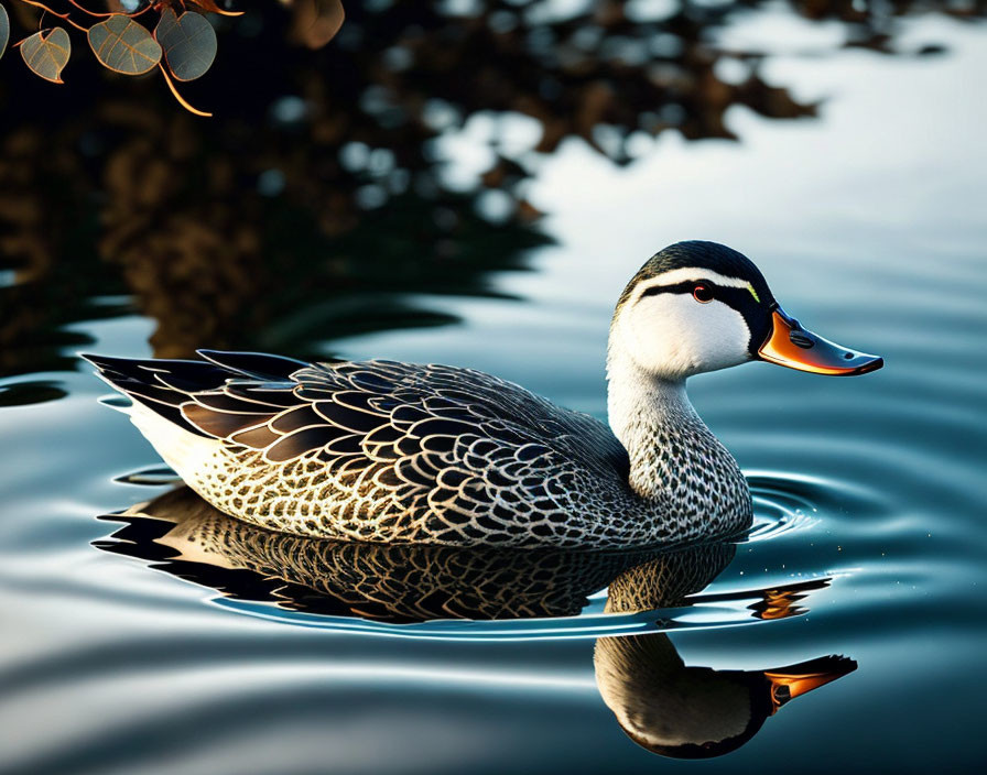 Intricate feather patterns on a duck floating on serene water with warm light filtering through foliage