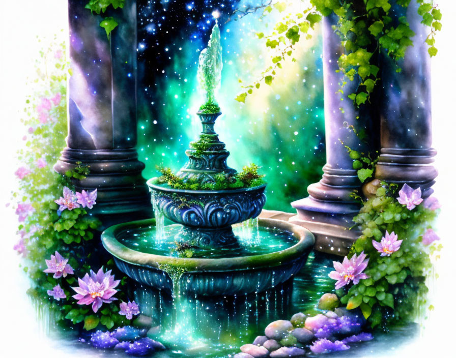 Vibrant illustration: Magical fountain in lush greenery with stone arches