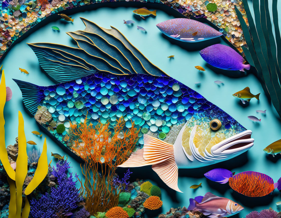 Colorful underwater scene with stylized fish and coral on turquoise background