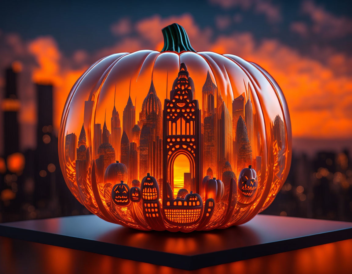 City skyline pumpkin carving with illuminated windows and bats at twilight