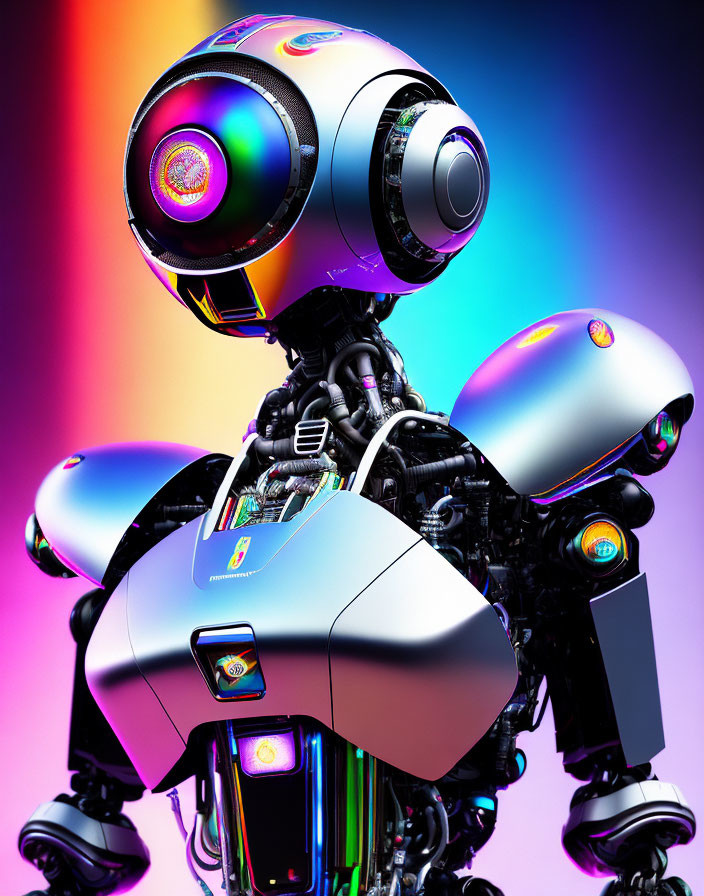 Colorful futuristic robot with spherical head and intricate details