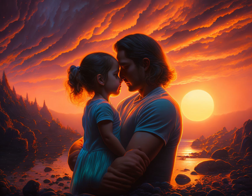 Man and girl embrace under beautiful sunset by tranquil seascape