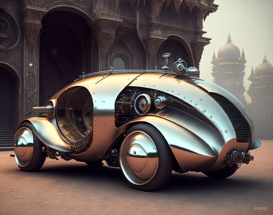 Shiny metallic retro-futuristic vehicle with circular headlights in futuristic cityscape.