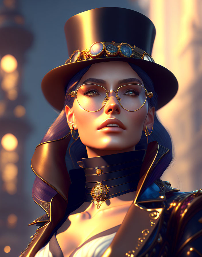 Steampunk-inspired woman portrait with top hat and circular glasses.