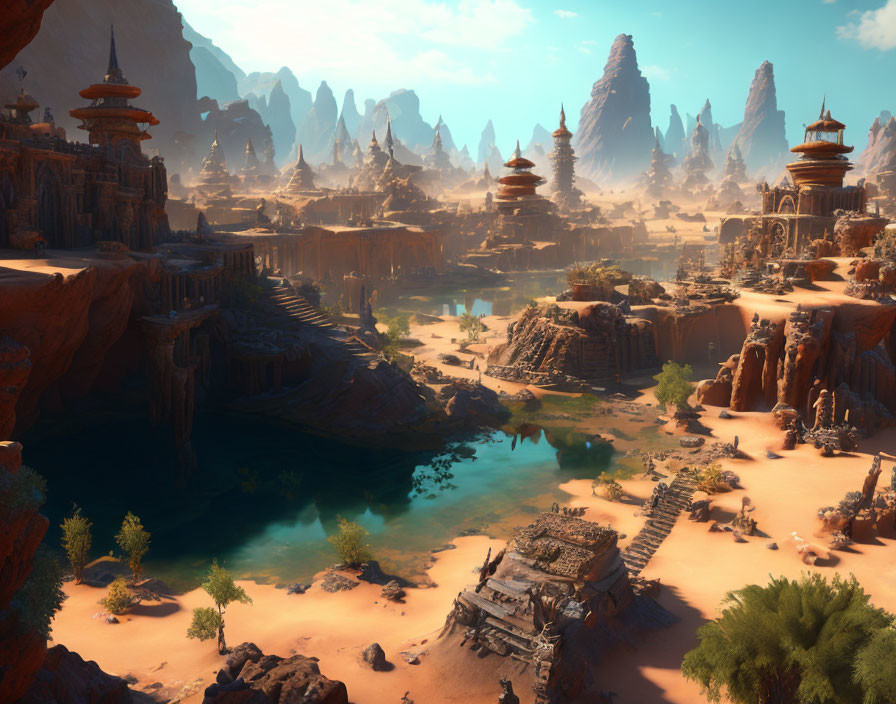 Tranquil fantasy landscape with rock formations, temples, river, and desert.