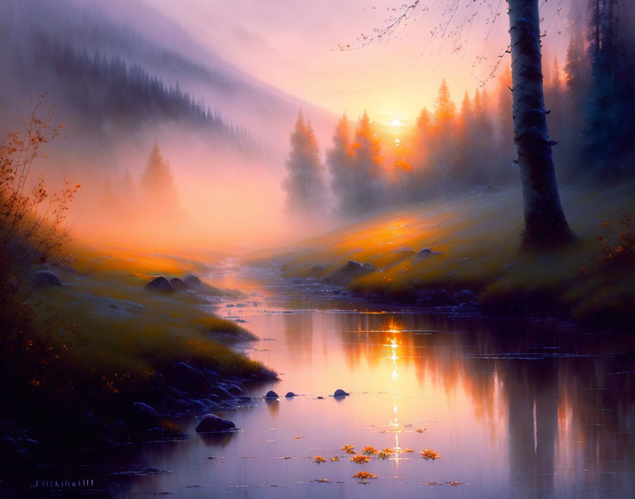 Tranquil sunrise over misty river and forested banks