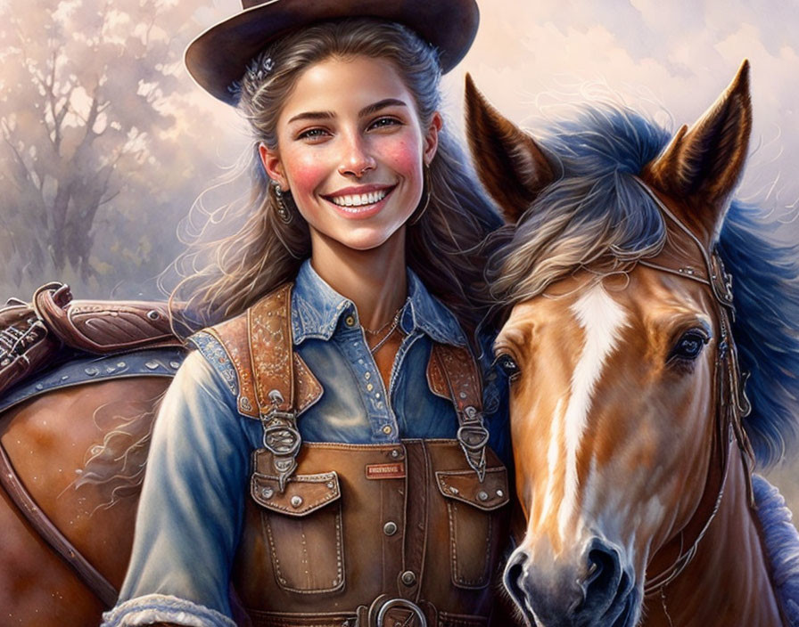 Smiling woman in western attire with horse in natural setting