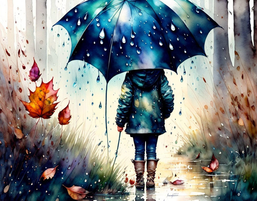 Person in Blue Raincoat with Umbrella in Rain Shower and Autumn Leaves