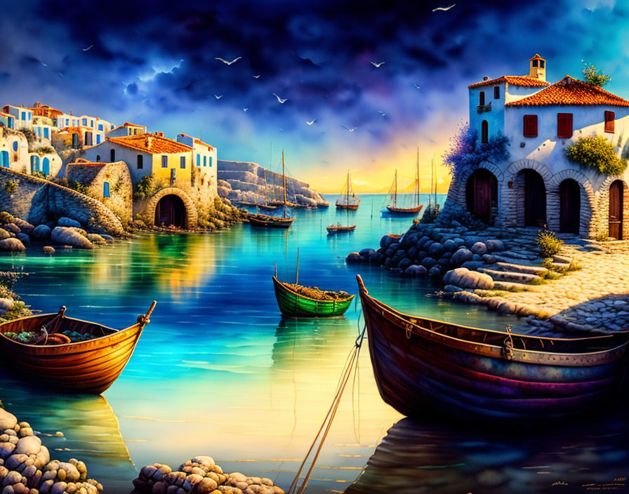 Colorful Mediterranean Coastal Village at Twilight: Buildings, Boats, Starry Sky