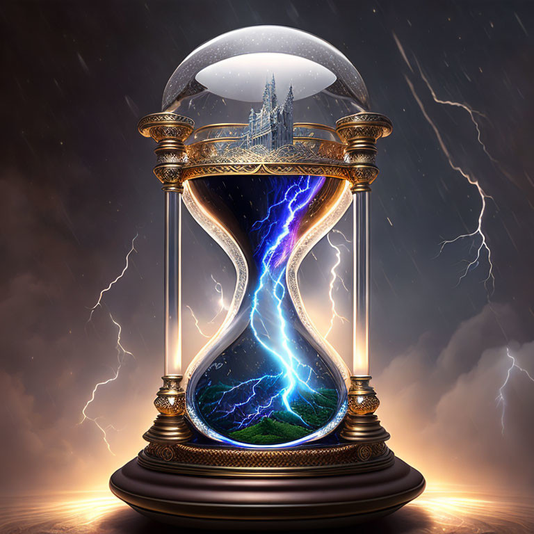 Ornate hourglass with storm vortex, snowy castle, and lightning backdrop