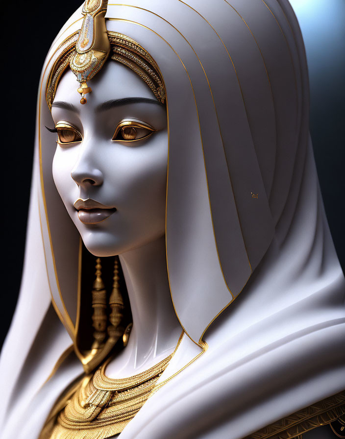 3D illustration of female character with golden jewelry and white headscarf