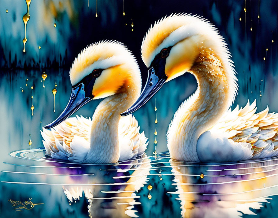 Vibrant Pelicans with Golden Hues in Dreamy Blue Background