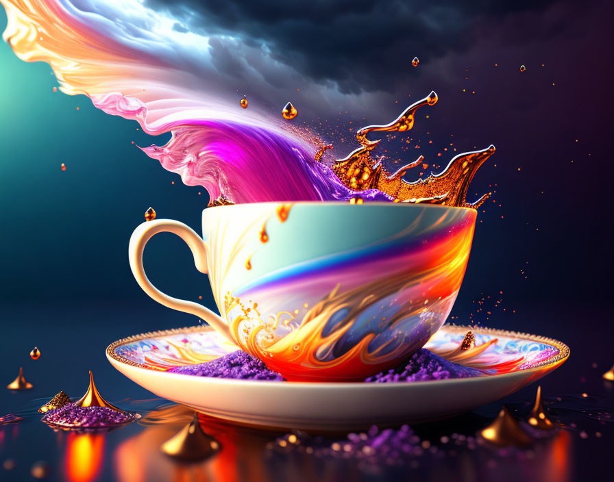 Colorful Cup and Saucer with Liquid Splash on Purple and Blue Background