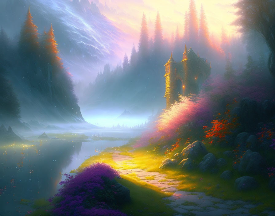 Mystical landscape with illuminated tower, vibrant flora, tranquil river, misty mountains, warm sunrise