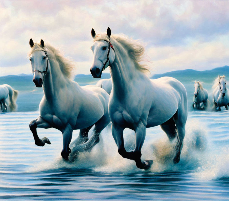 White horses galloping in water with group under cloudy sky