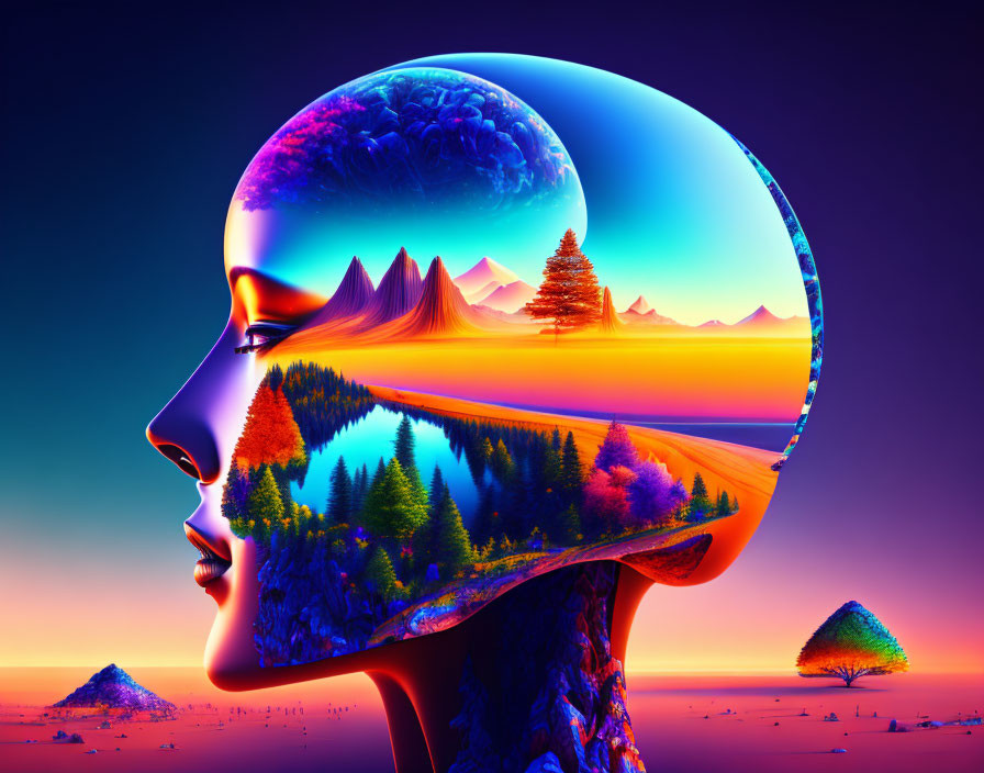 Colorful Human Profile with Landscape in Head: Digital Artwork