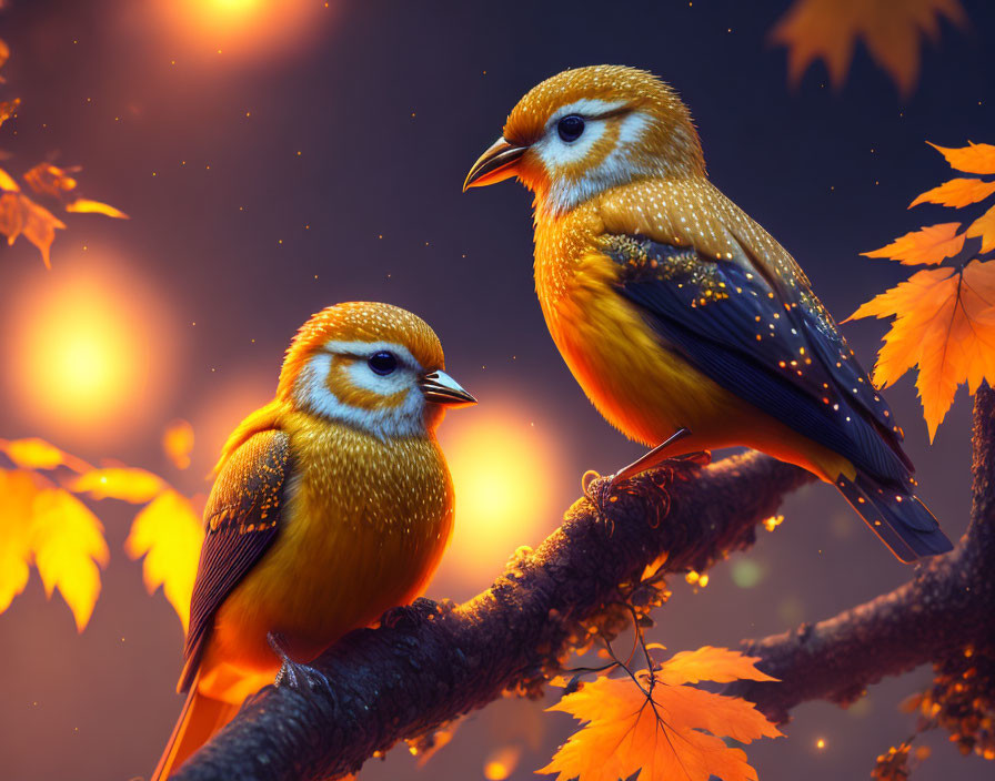 Vibrant golden birds on autumn branch against warm background