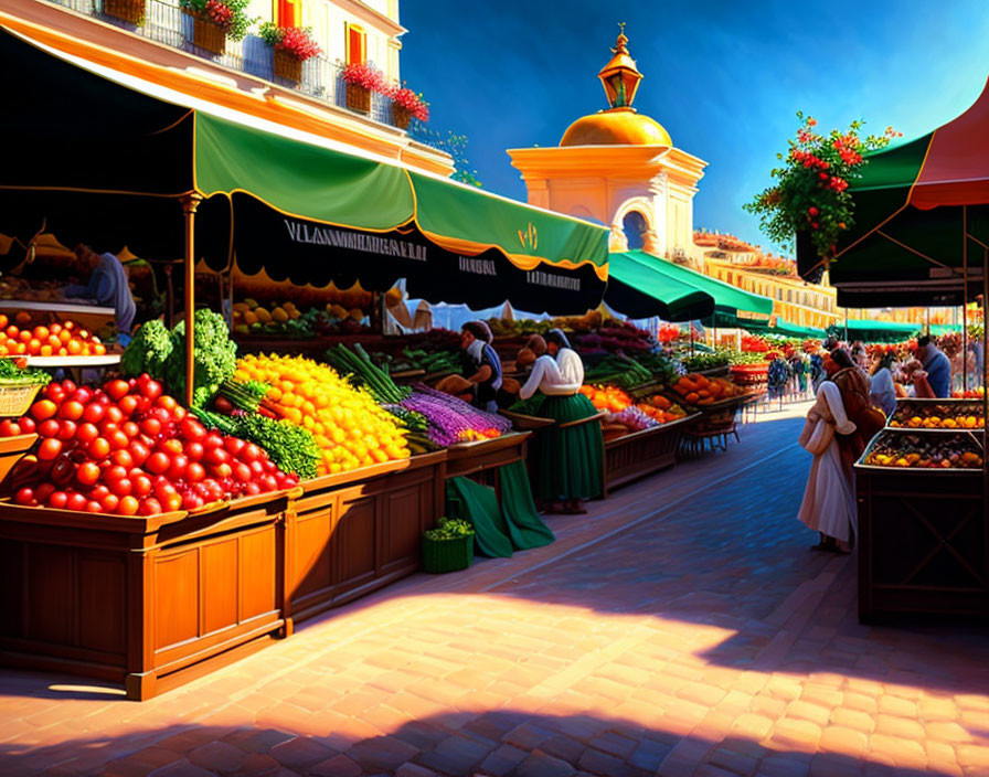 Colorful fruits and vegetables at vibrant outdoor market stall display