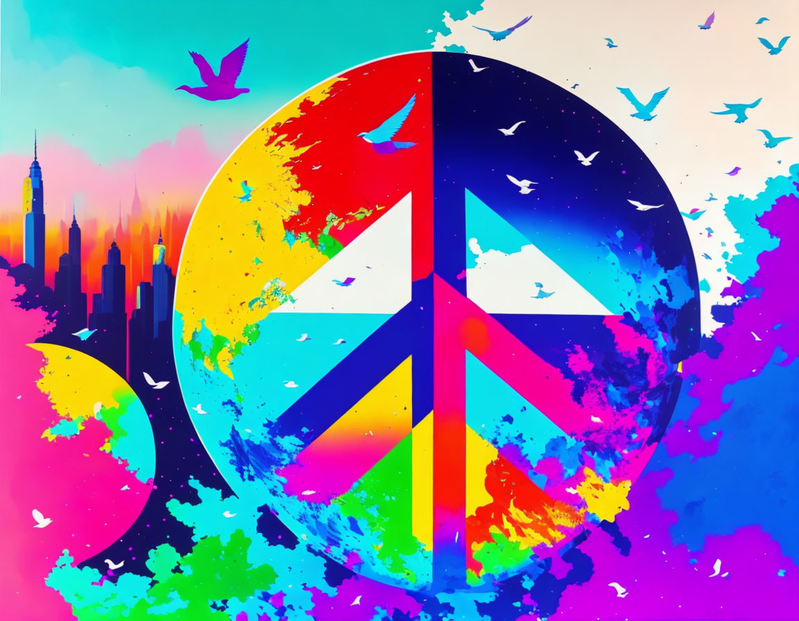 Colorful Peace Symbol Artwork with City Skyline and Birds