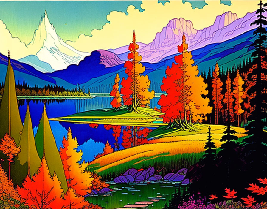 Vibrant autumn landscape with colorful trees, lake, and mountains