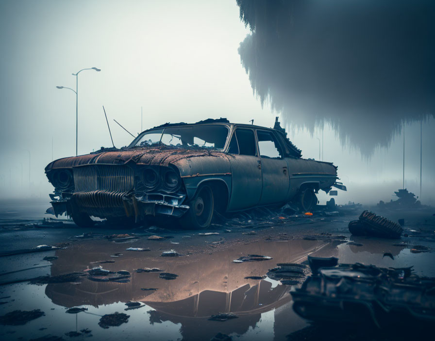 Rusted abandoned car on foggy street with debris and reflections