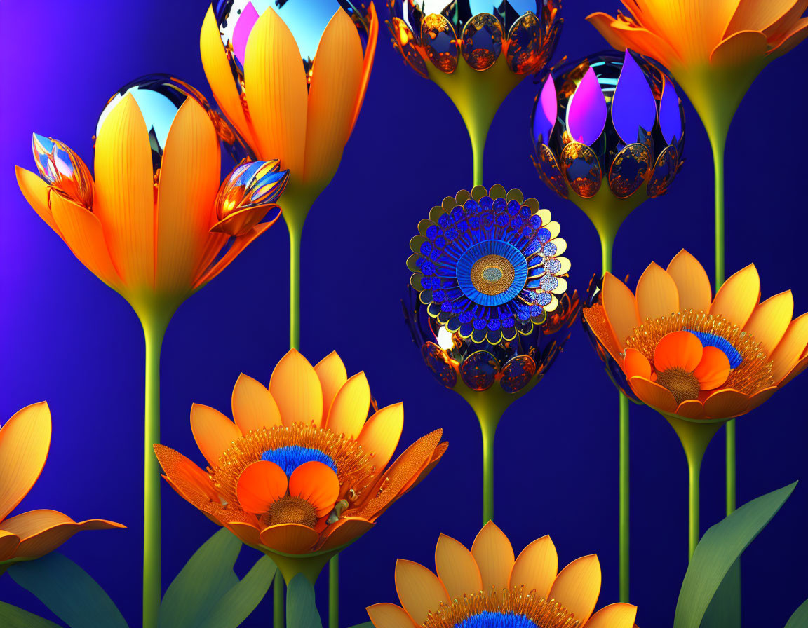 Colorful digital art: stylized flowers on reflective surfaces, blue backdrop