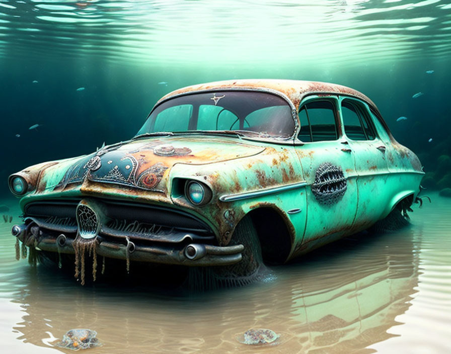 Vintage Car Covered in Rust and Marine Growth Underwater with Fish and Sunlight Filtering Through