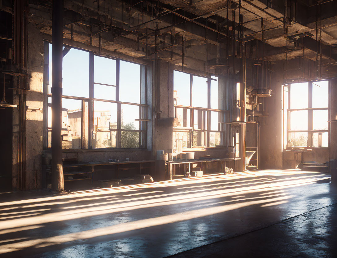 Empty industrial space with sunlight through large windows