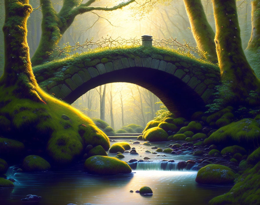 Stone bridge over serene stream in sunlit forest