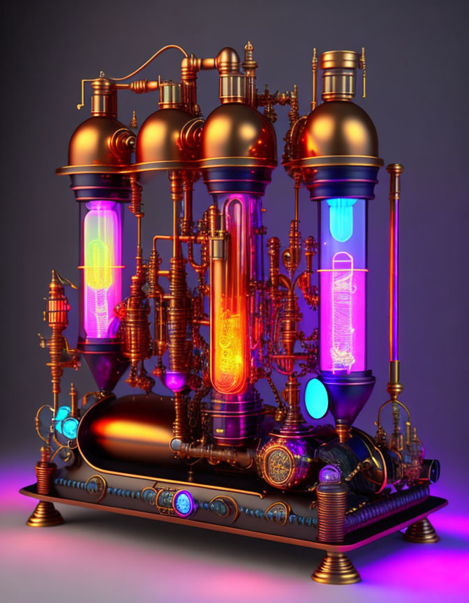 Intricate steampunk machine with glowing tubes on purple background