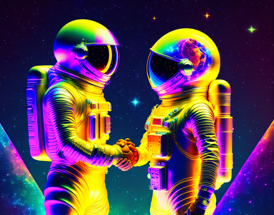 Astronauts in vibrant spacesuits shaking hands in colorful space scene