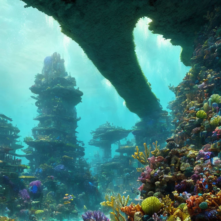 Colorful Coral Structures in Vibrant Underwater Cityscape