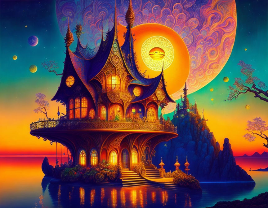 Fantasy artwork: Ornate cliffside house under moon and stars