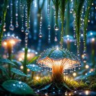 Glowing mushroom in magical forest with dewdrops and lights