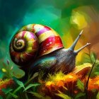 Colorful Snail with Iridescent Shell on Paint-Splattered Surface