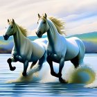 White horses galloping in water with group under cloudy sky